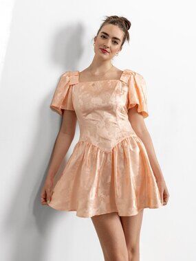 PINK PROM DRESS Jacquard Vintage 80's Off The Shoulder Puffy Floral / Medium